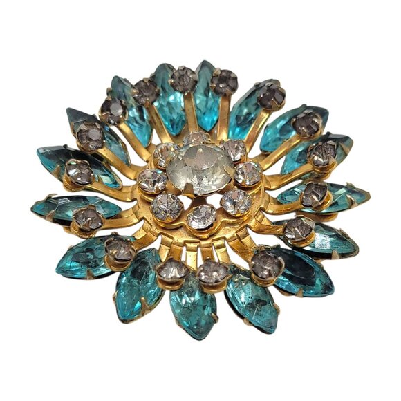 Vtg Floral Starburst Teal and Clear Rhinestone Brooch Pin Gold Tone Statement - Picture 6 of 9